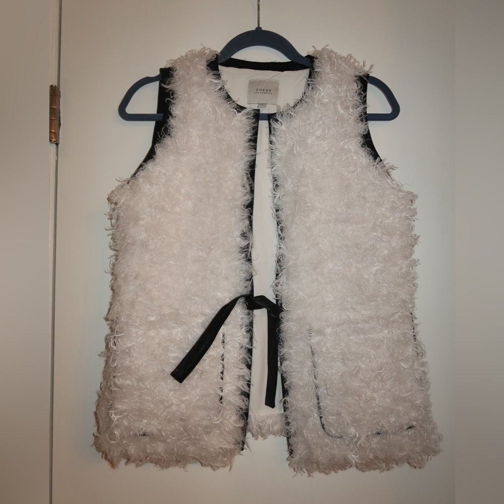 Guess White Fuzzy Vest with Black Trim
